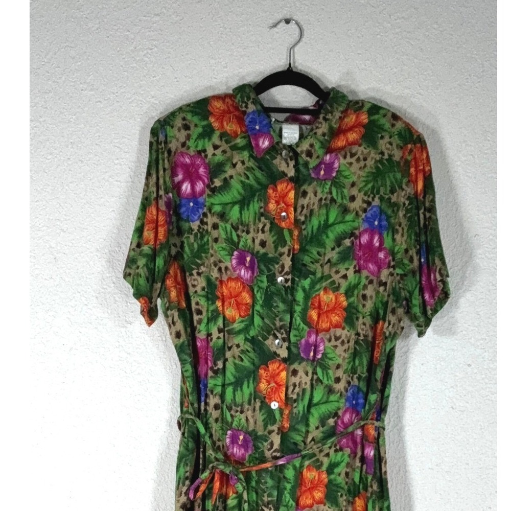 Vintage Notations Multicolor Floral Leopard Shirt Dress - 1X- Fun Throwback